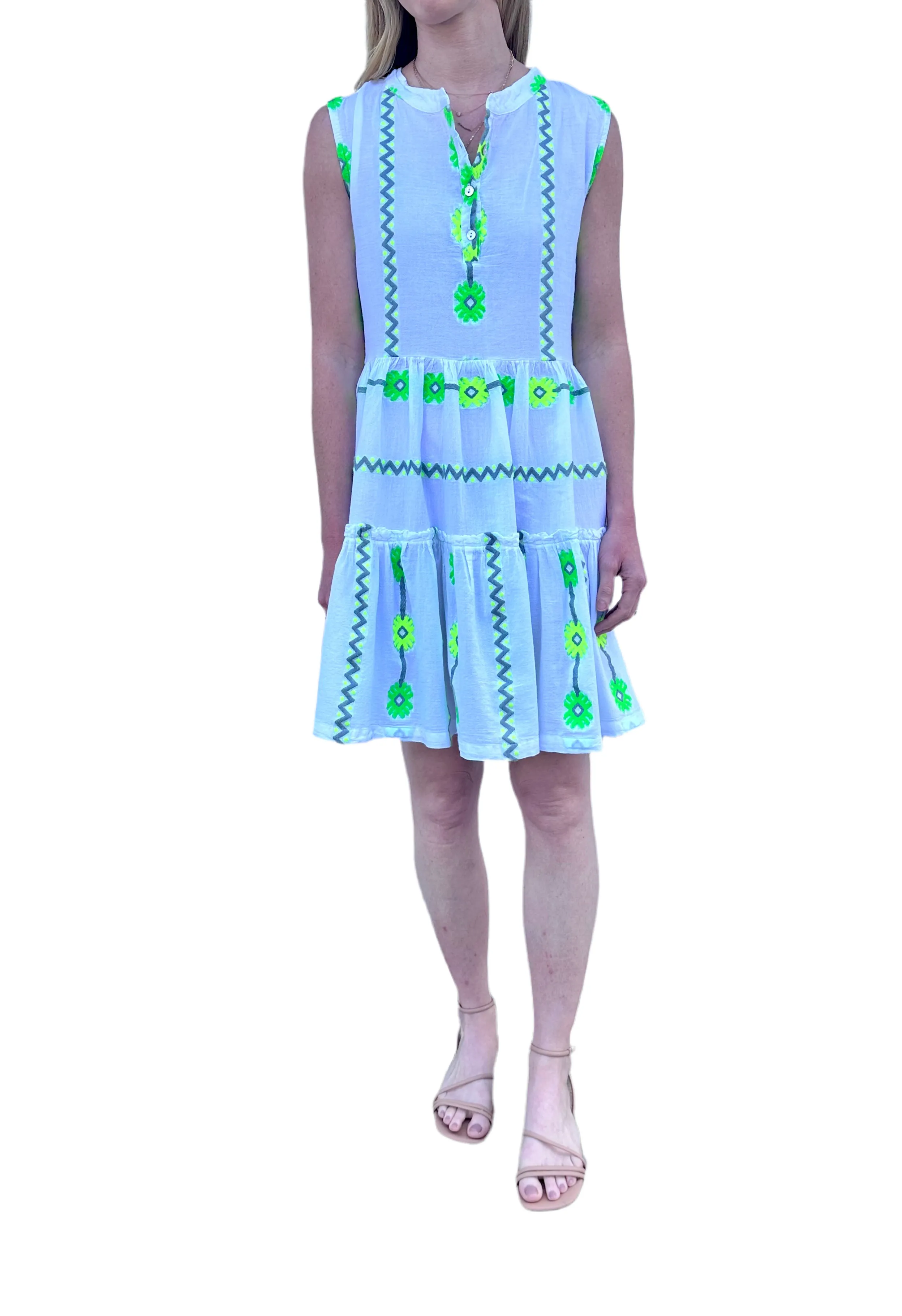 Embroidered Flower Sleeveless Dress in white/green by Haris Cotton