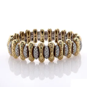 Estate 18k Two-Tone 17mm Gold Quilted Bar Alternating Oval Diamond Bracelet