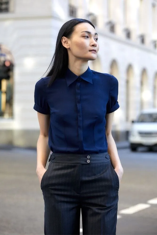 Eva Short Sleeve Blouse - Navy Silk Stretch