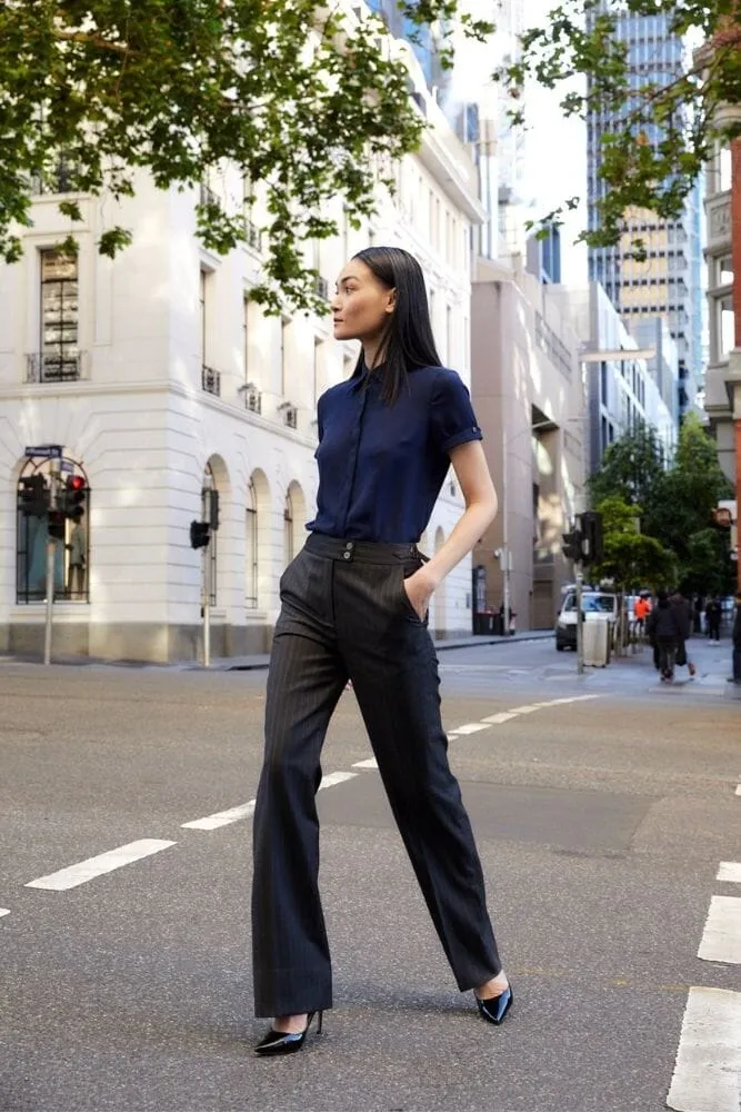 Eva Short Sleeve Blouse - Navy Silk Stretch