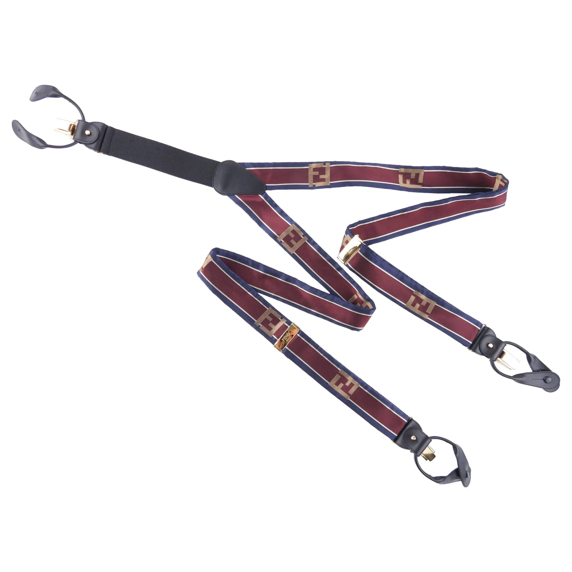 Fendi Burgundy Red and Navy Blue FF Logo Braces Suspenders