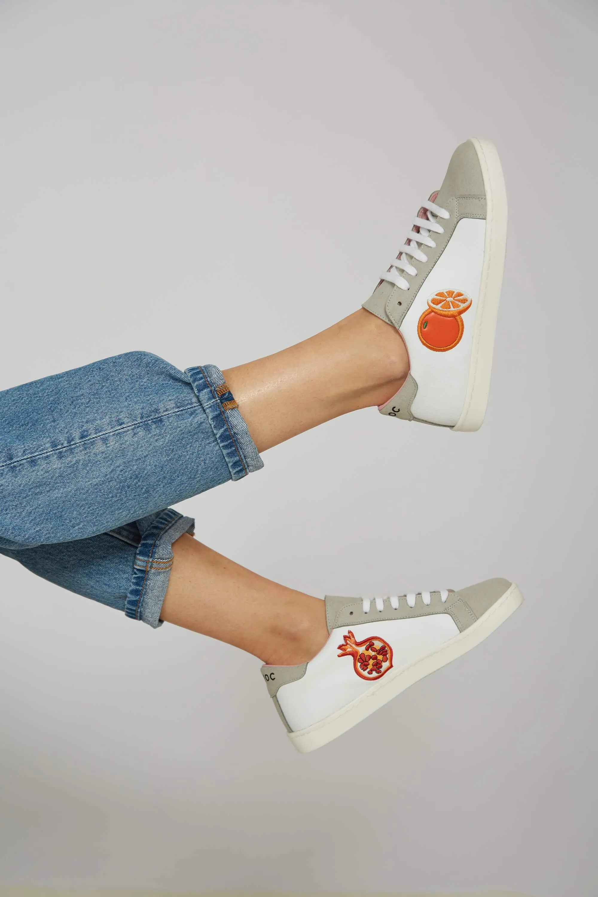 Fruit Vegan Leather Embroidered Sneakers | White & Grey