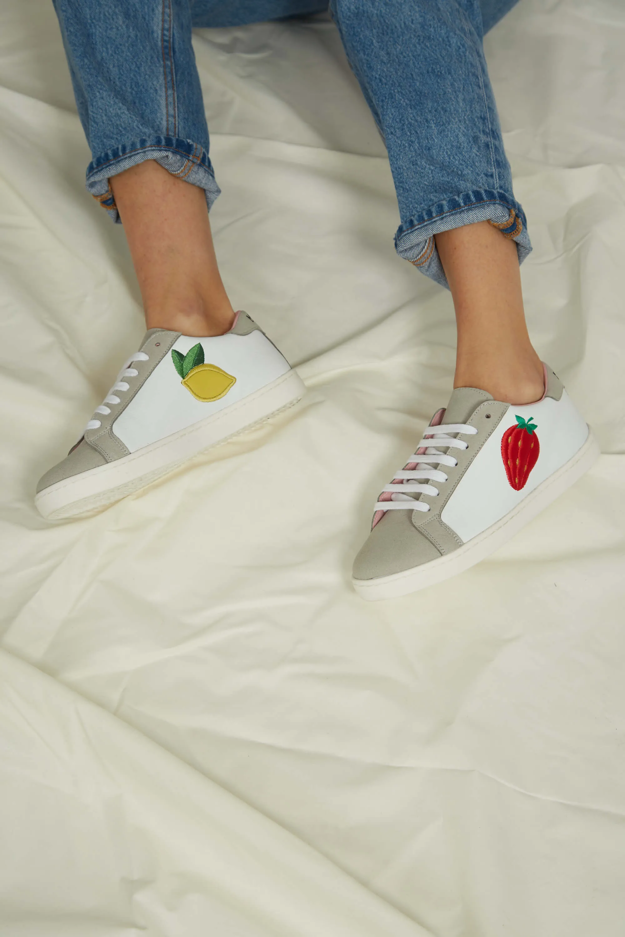 Fruit Vegan Leather Embroidered Sneakers | White & Grey