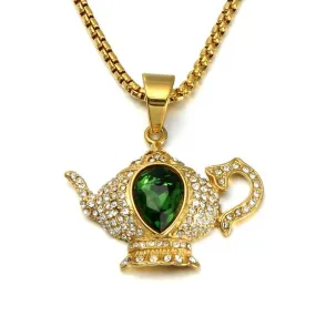 Gemstone-Studded Gold-Plated Aladdin Lamp Bling Stainless Steel Chain Link Hip-hop Pendant Necklace