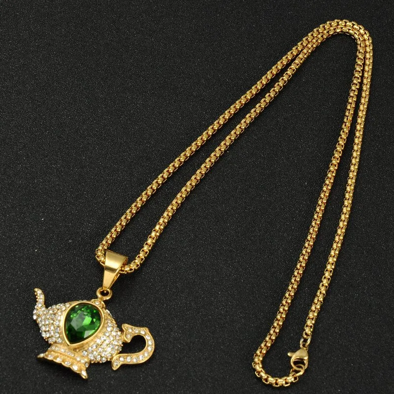 Gemstone-Studded Gold-Plated Aladdin Lamp Bling Stainless Steel Chain Link Hip-hop Pendant Necklace