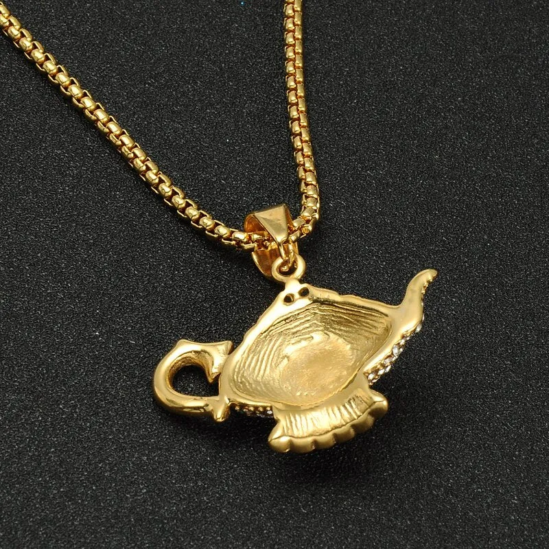 Gemstone-Studded Gold-Plated Aladdin Lamp Bling Stainless Steel Chain Link Hip-hop Pendant Necklace