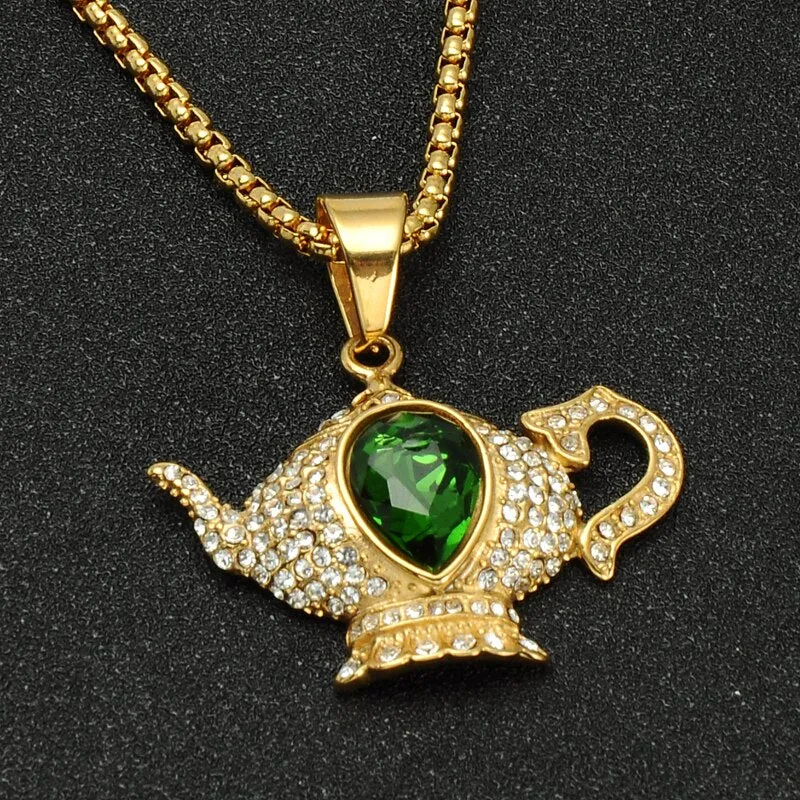 Gemstone-Studded Gold-Plated Aladdin Lamp Bling Stainless Steel Chain Link Hip-hop Pendant Necklace