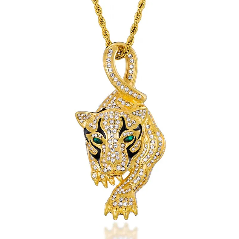 Gemstone-Studded Gold-Plated Tiger Bling Stainless Steel Hip-hop Pendant Necklace