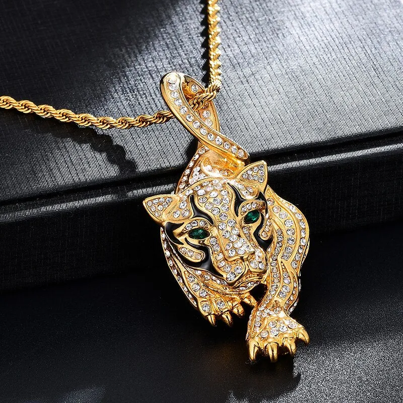 Gemstone-Studded Gold-Plated Tiger Bling Stainless Steel Hip-hop Pendant Necklace