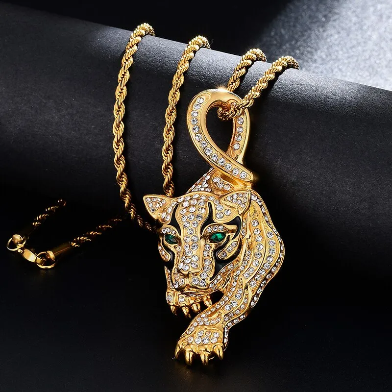 Gemstone-Studded Gold-Plated Tiger Bling Stainless Steel Hip-hop Pendant Necklace