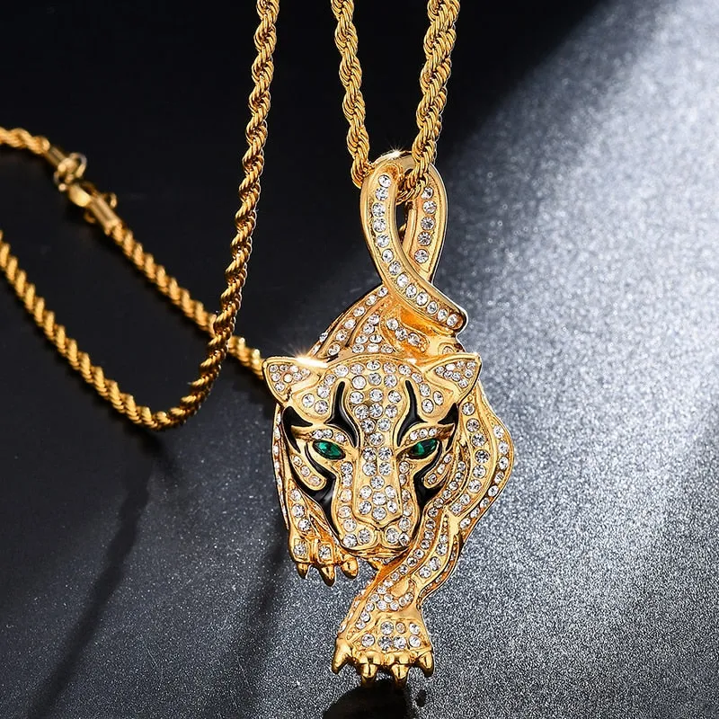 Gemstone-Studded Gold-Plated Tiger Bling Stainless Steel Hip-hop Pendant Necklace