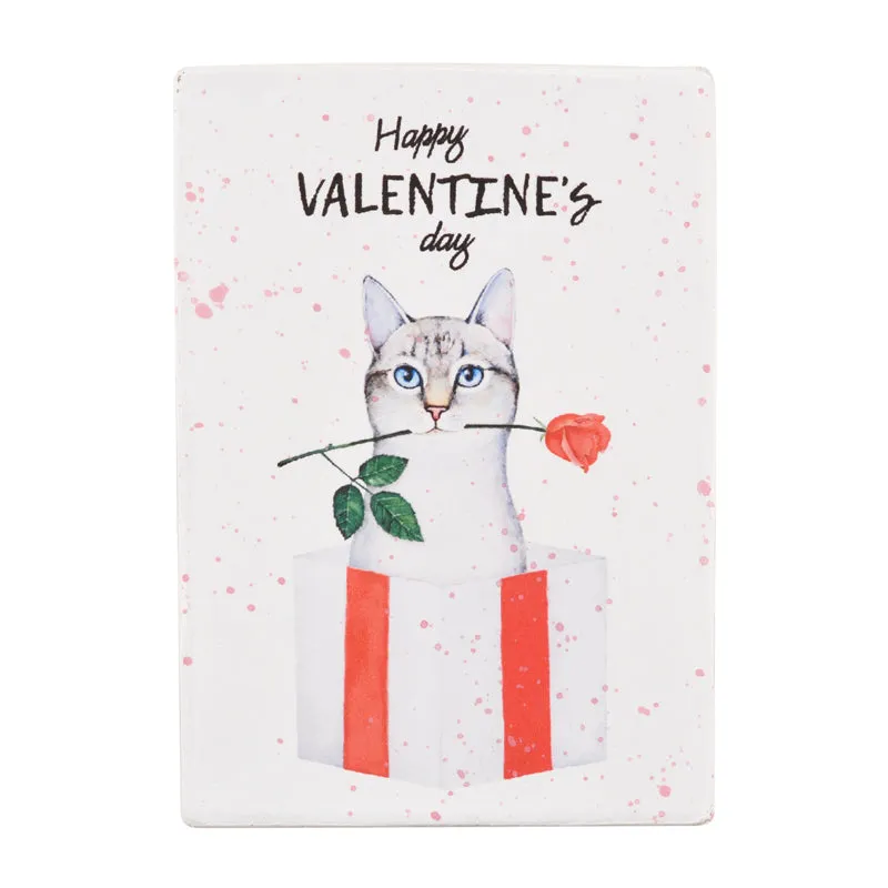 Gift Boxes-Happy St. Valentine's Day Red Rose Bud and Gray Kitty-Paper Mache-Rectangle-X-Small-Quantity 1