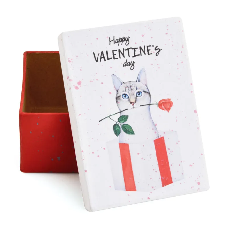 Gift Boxes-Happy St. Valentine's Day Red Rose Bud and Gray Kitty-Paper Mache-Rectangle-X-Small-Quantity 1