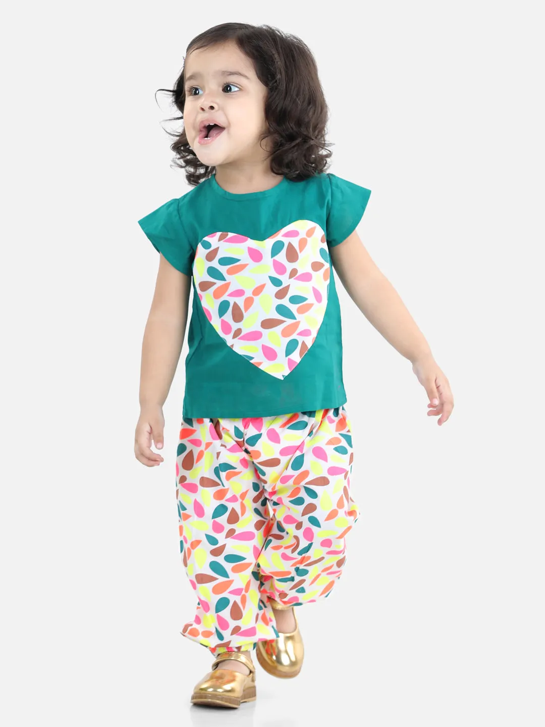 Girls Heart Patch Pure Cotton Patch Top With Harem Pant Indo Western Clothing Sets - Blue