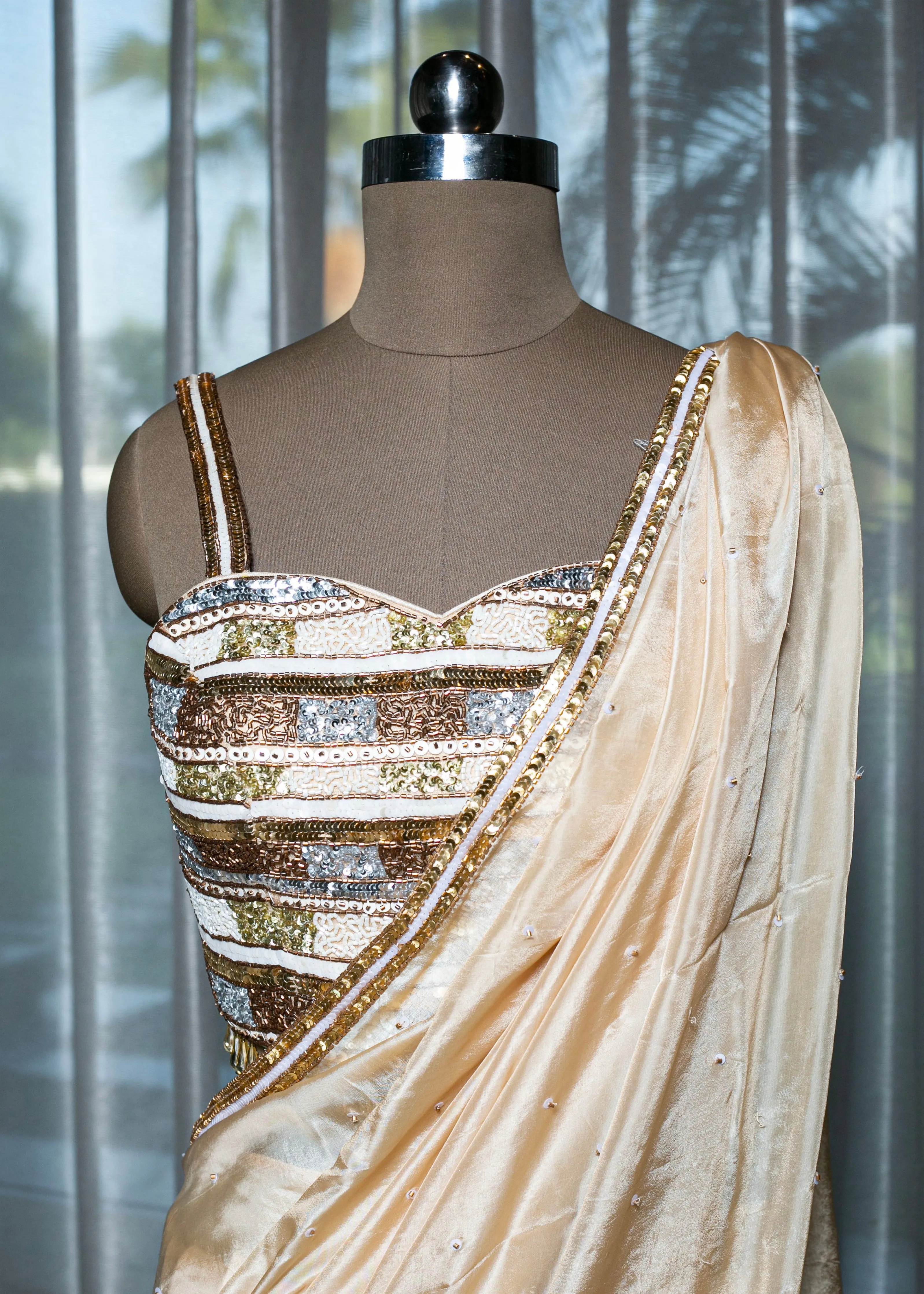 Hand-Embroidered Saree with Crystal and Antique Gold Work