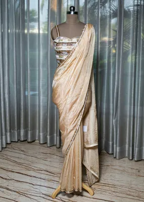 Hand-Embroidered Saree with Crystal and Antique Gold Work