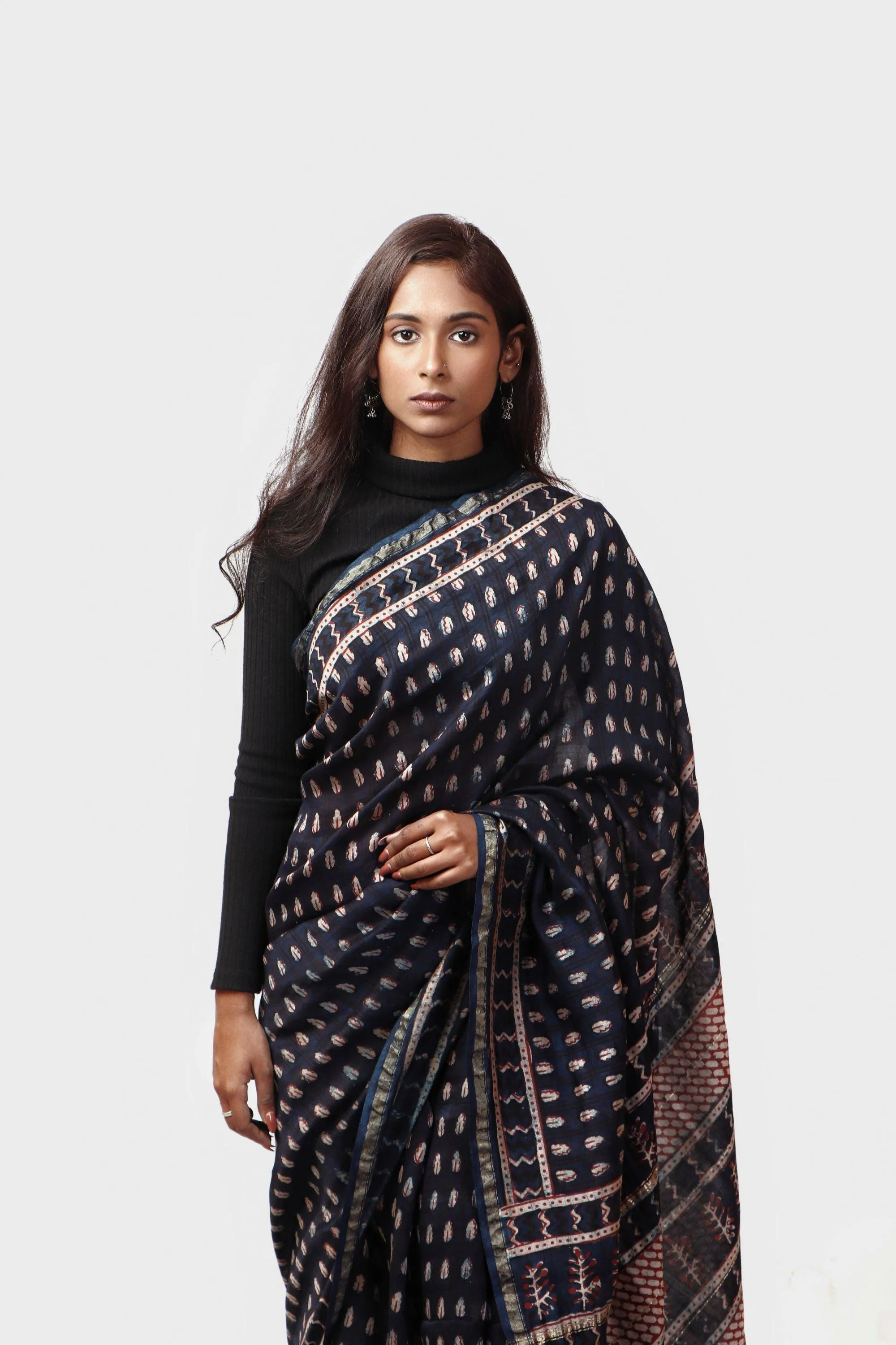 Kaisori Malhar - Dabu Pharad Indigo handblockprinted Silk Cotton saree