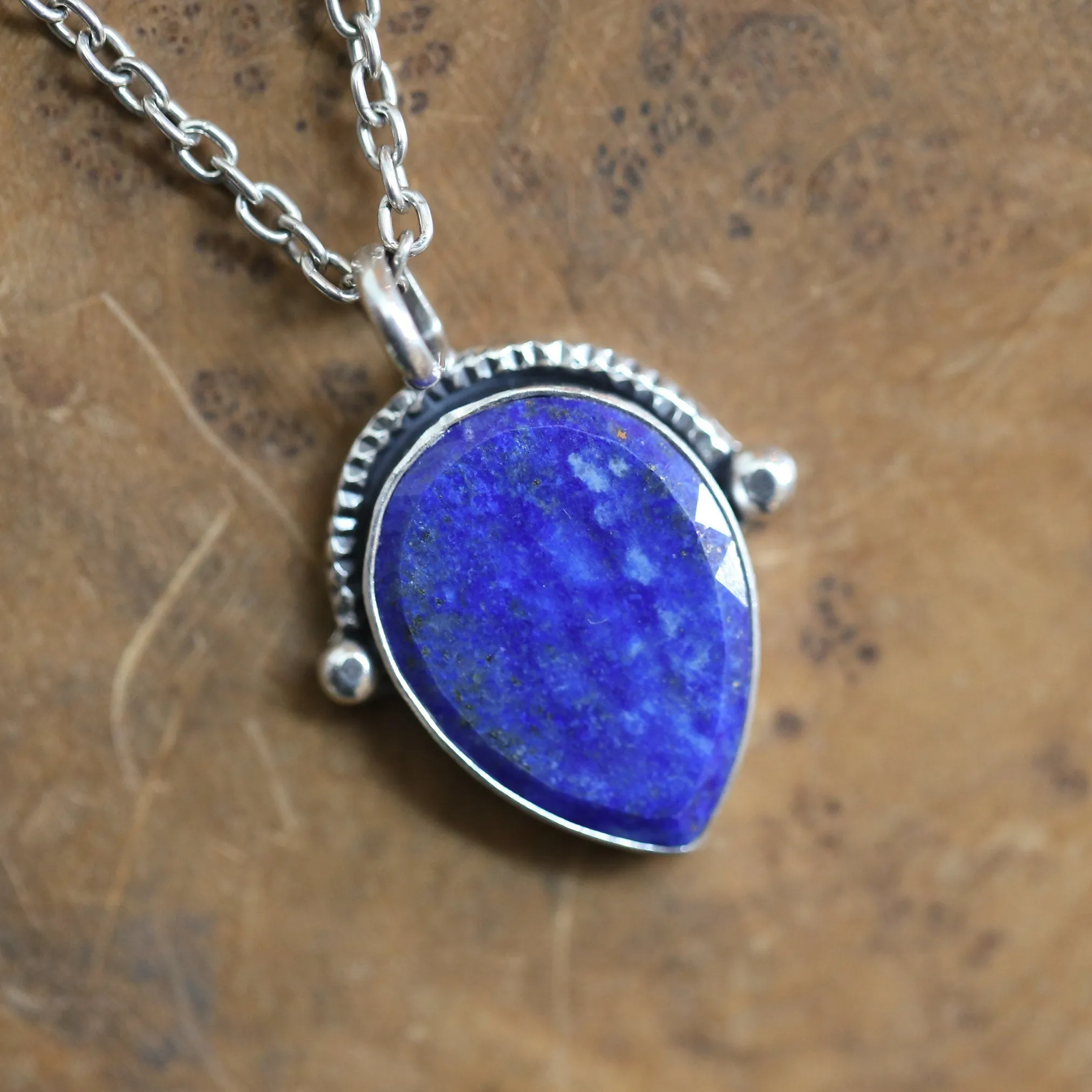 Lapis Lazuli Necklace - Silversmith Lapis Lazuli Pendant - Textured Sterling Silver