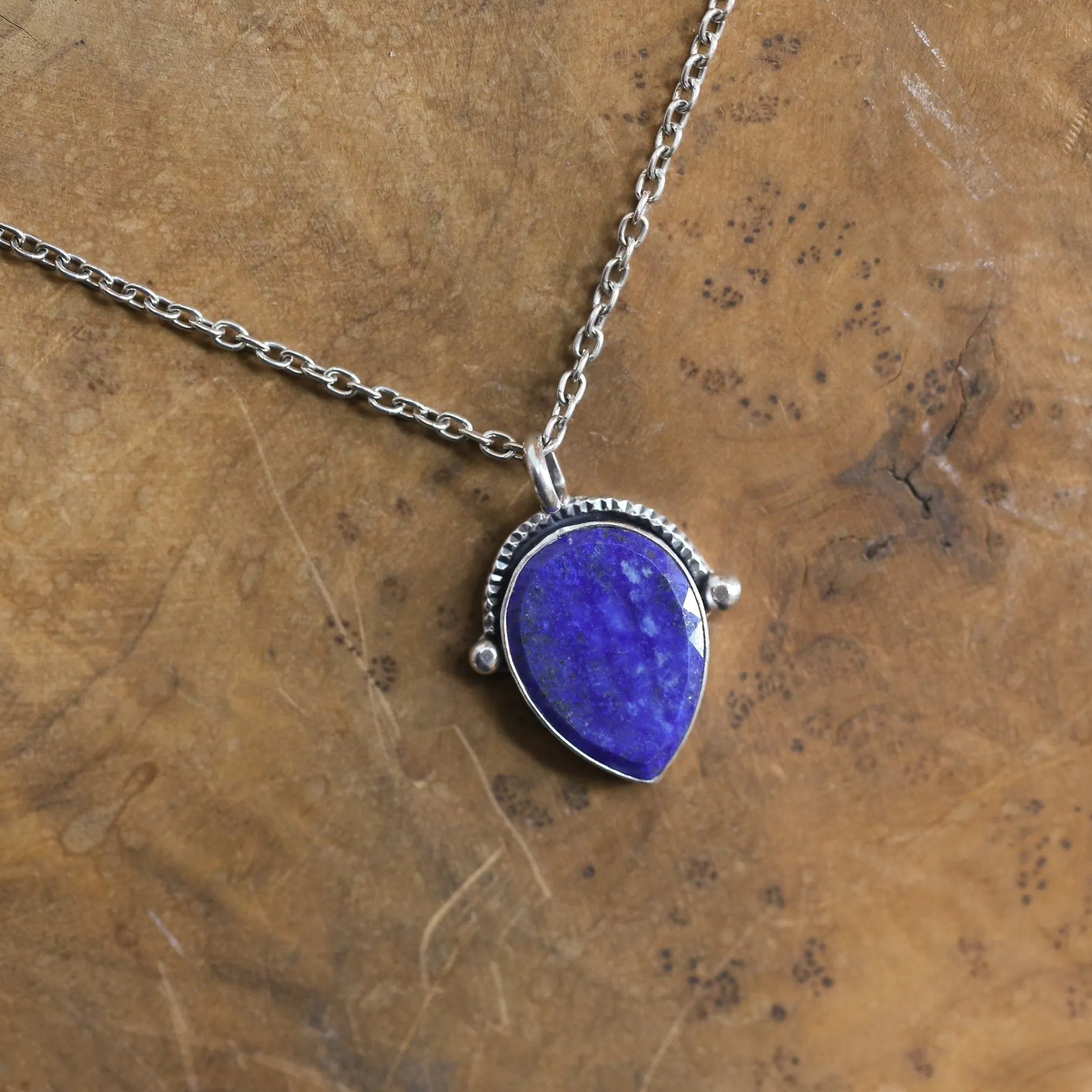 Lapis Lazuli Necklace - Silversmith Lapis Lazuli Pendant - Textured Sterling Silver