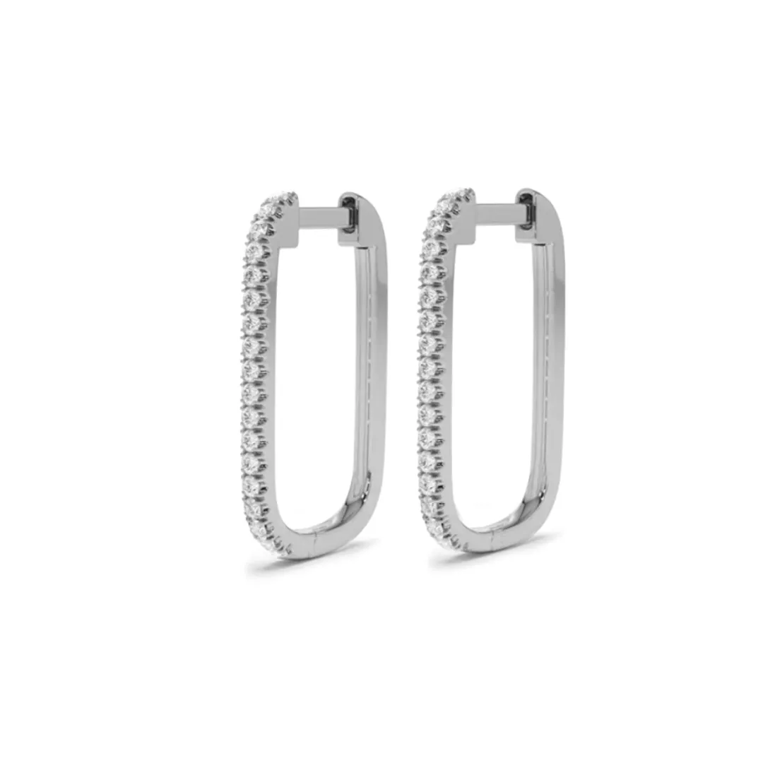 Large Rectangle Micro-Pave Diamond Hoop Earrings, Single Diamond Row