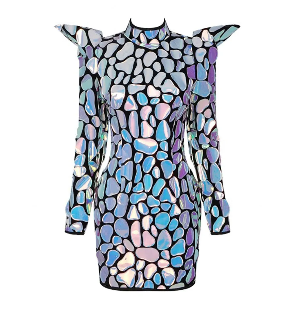 Laser Patchwork Puff Mini Dress