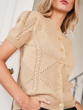 Lily Organic Cotton Knit Detail Cardigan | Almond