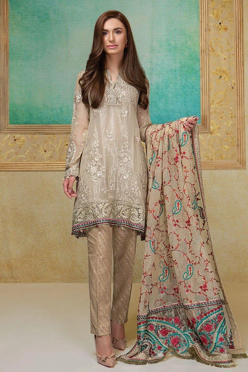 Maria B BDS-1403 Beige Unstitched Pure Chiffon Collection Embroidered Two Piece