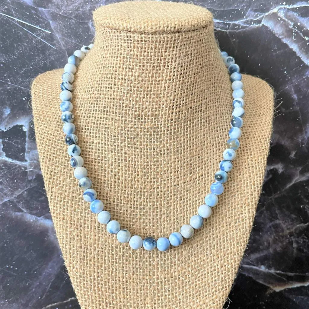 Mens Blue and White Matte Agate Beaded Necklace