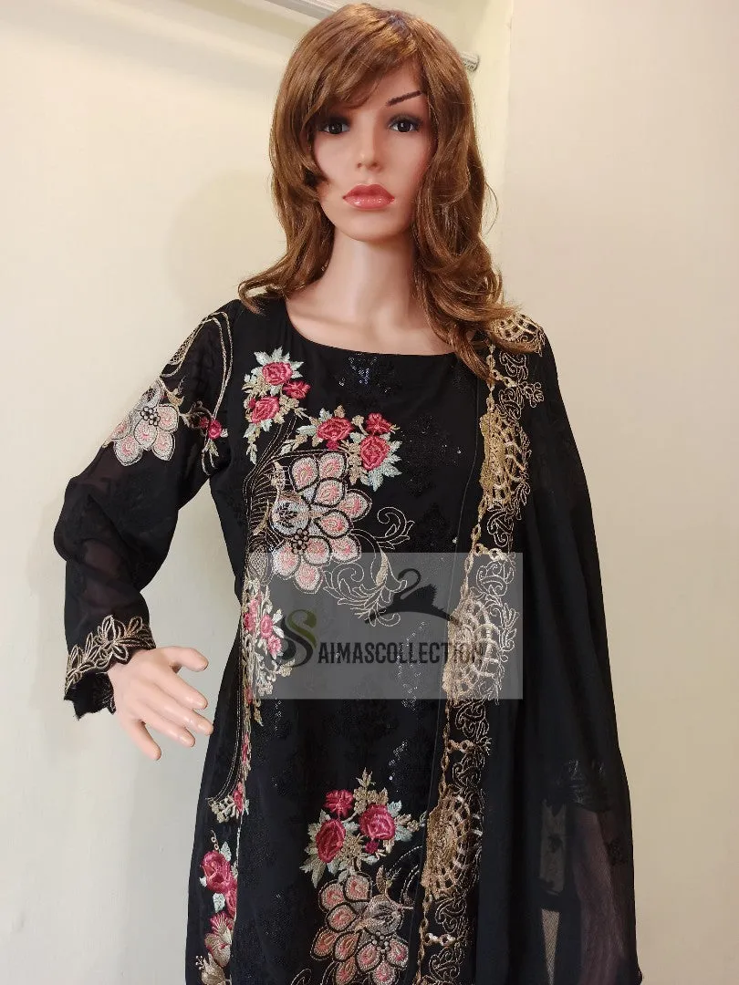 Midnight Black Embroidered Partywear Suit