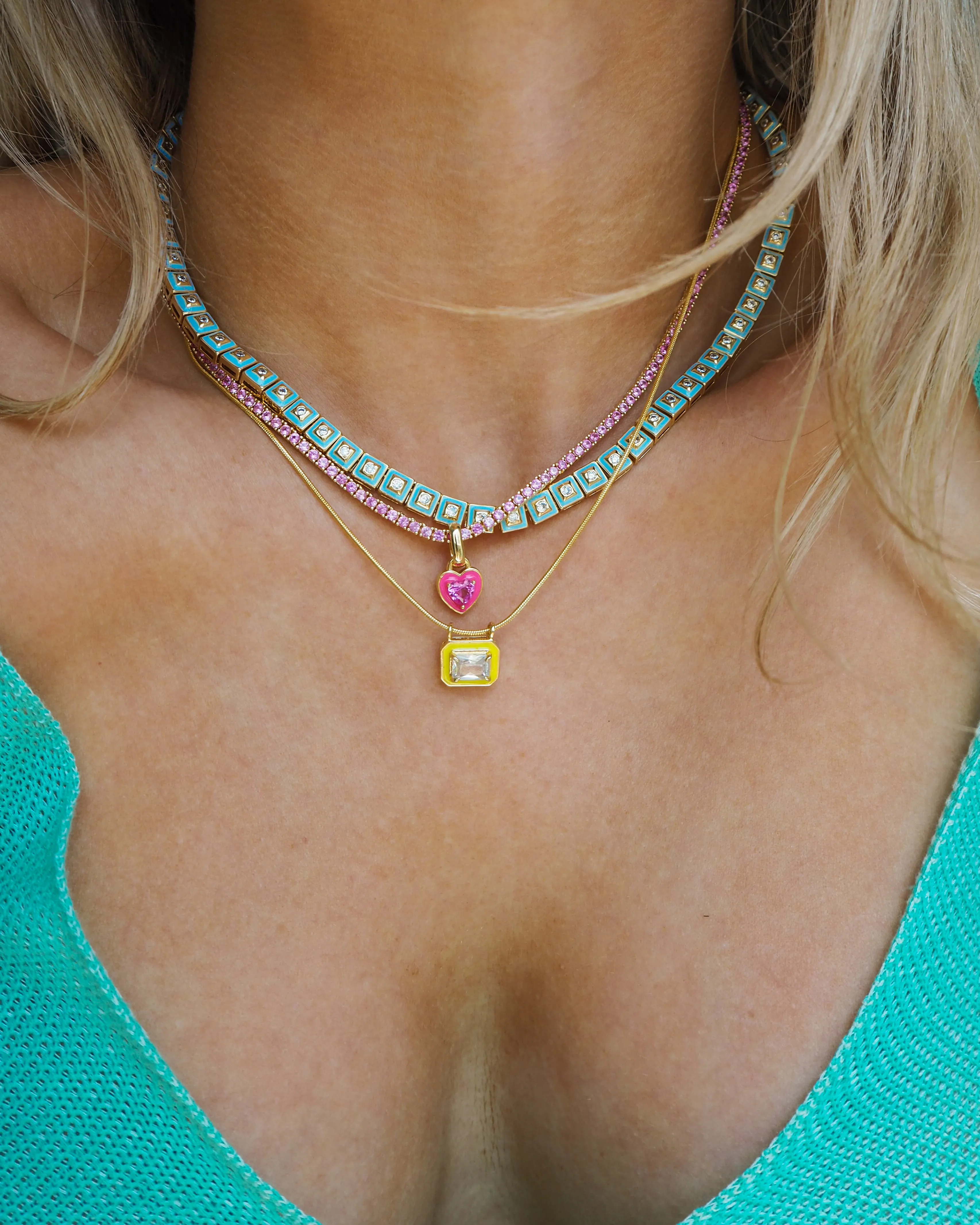 Mini Ballier Necklace with Heart Charm- Hot Pink- Gold