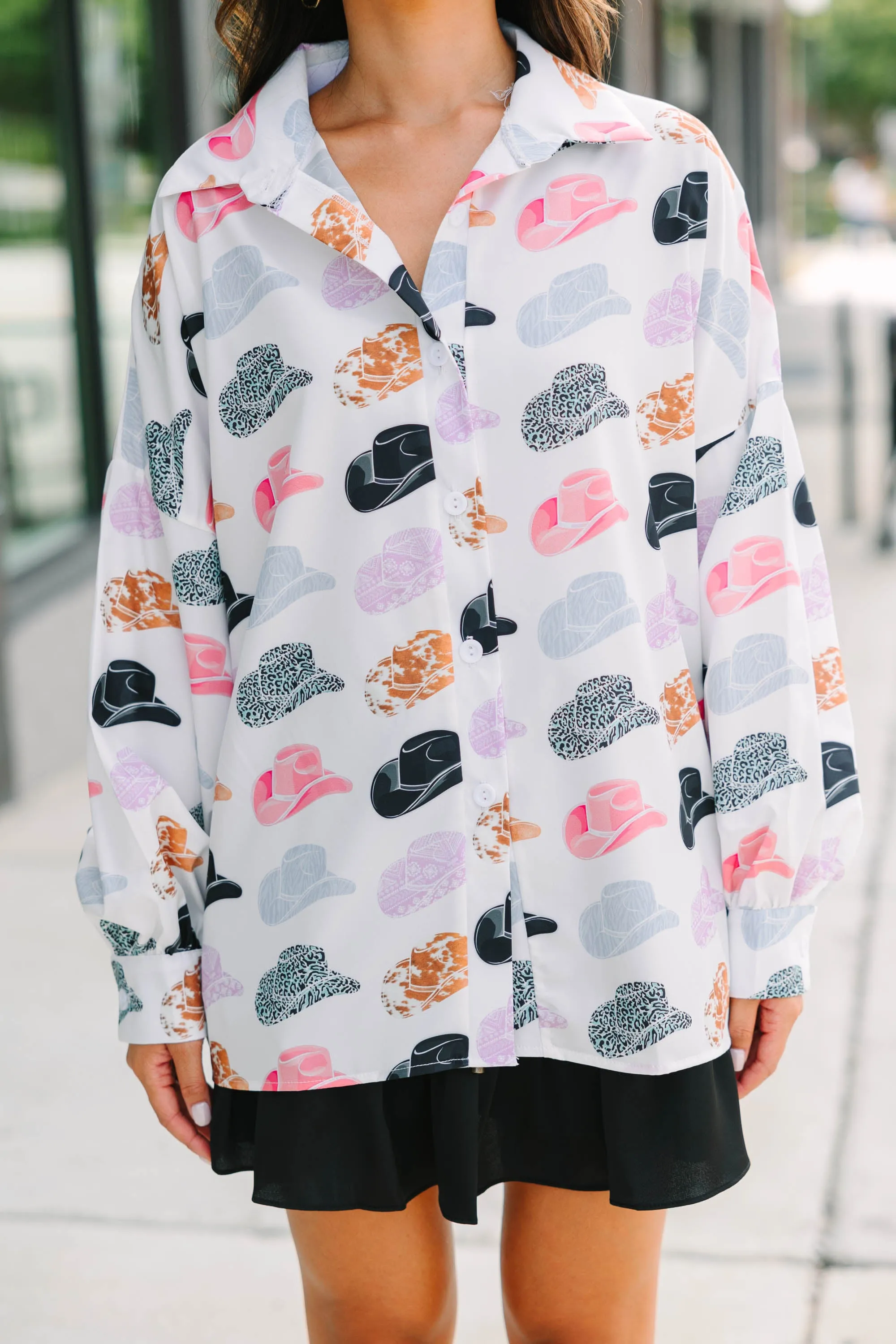 Not My First Rodeo White Cowboy Hat Printed Blouse