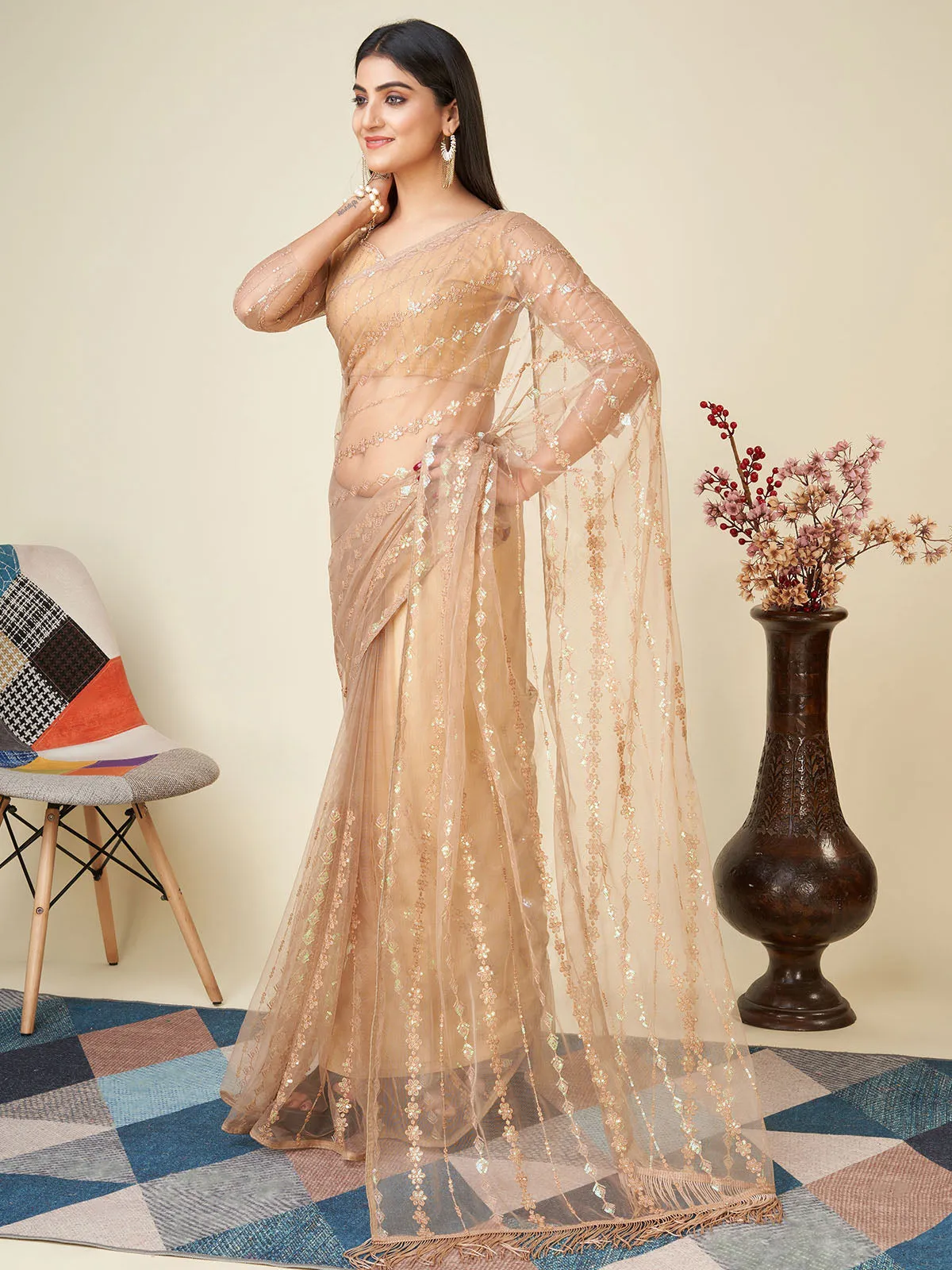 Odette Beige Embellished Net Saree With Unstitched Blouse For Women