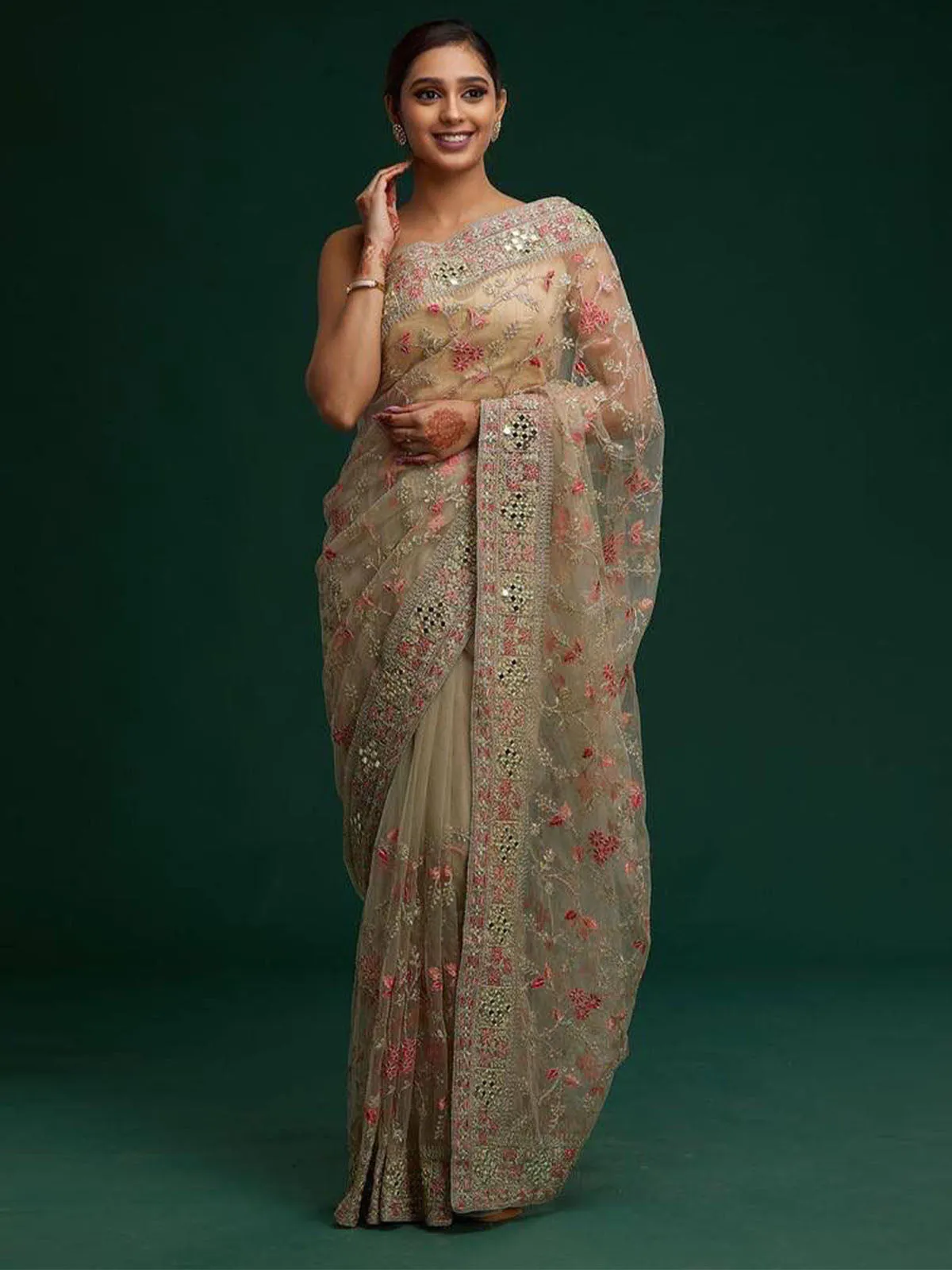 Odette Beige Embroidered Organza Saree With Unstitched Blouse For Women