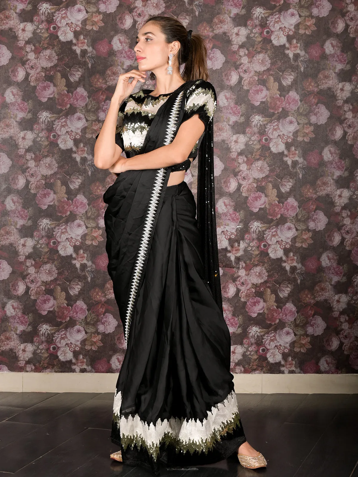 Odette Black Sequins Embroidered Crepe Ready-to-Wear Saree with Stitched Blouse for Women