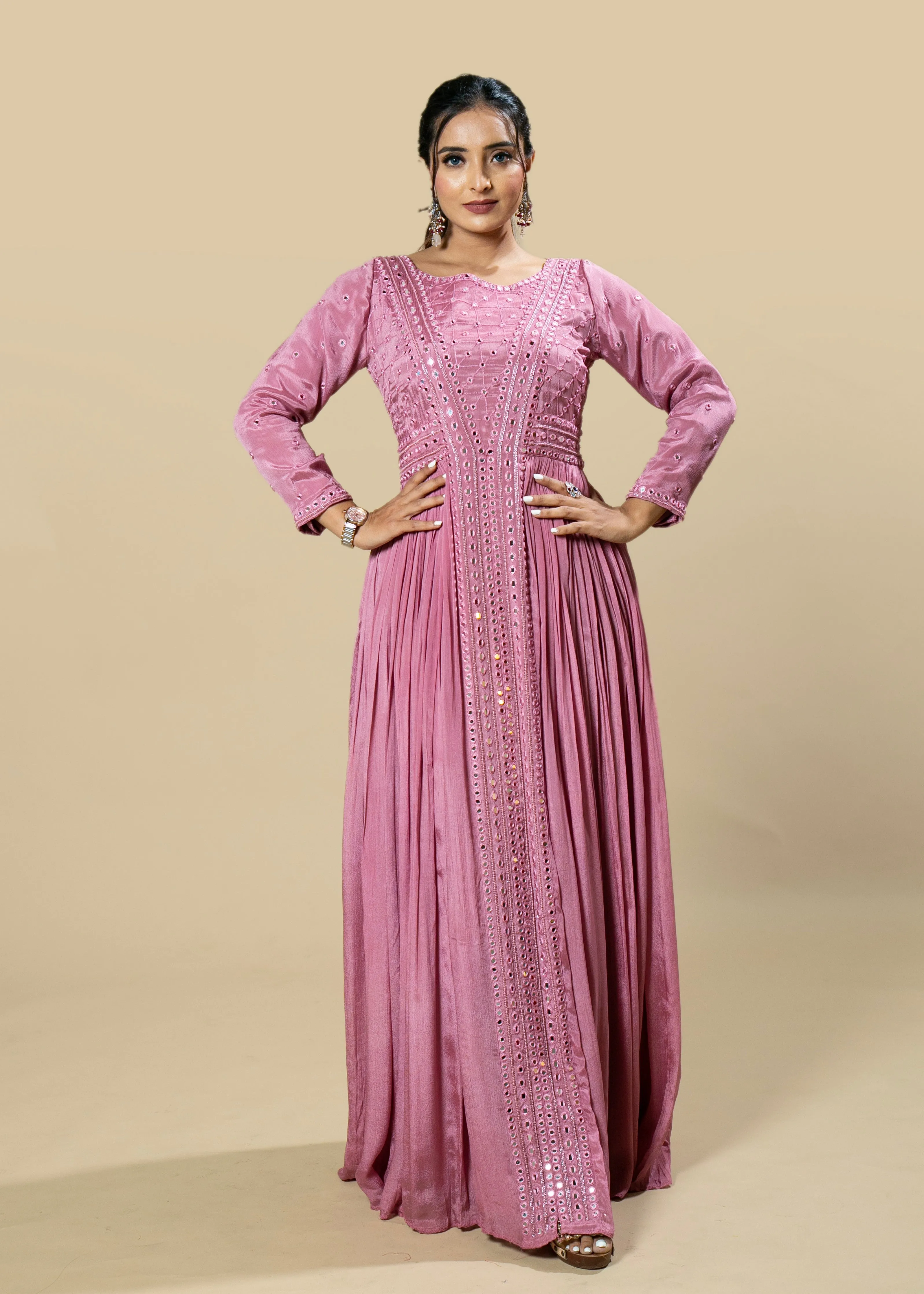 Pink Chinnon Hand Embroidered Mirror Work Flared Anarkali Set