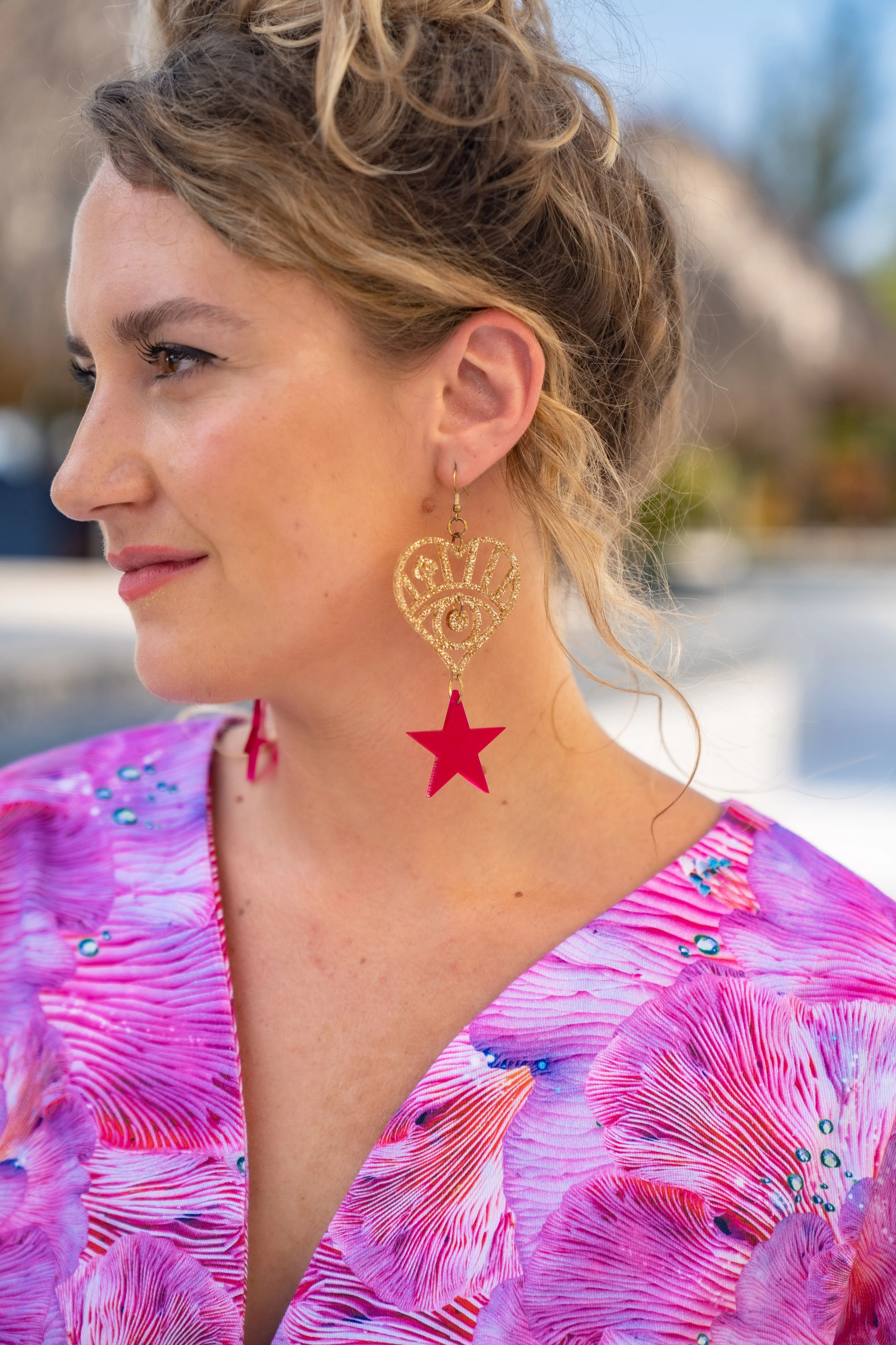 Pink Perspex Star Chain Earrings