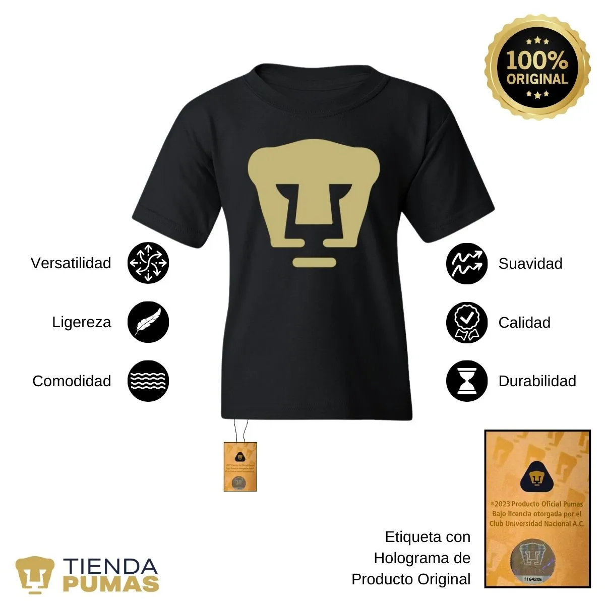 Playera Nios Pumas UNAM Logo Dorado