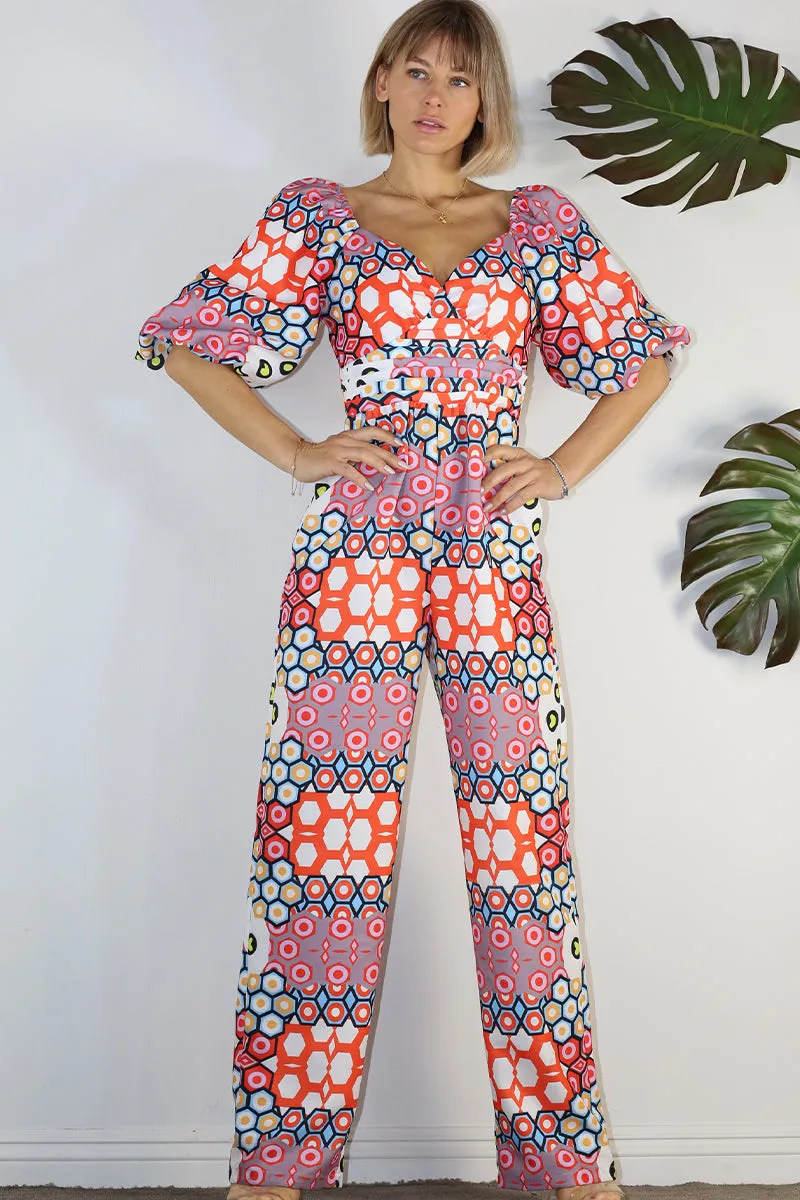 Playful Puff Sleeve Print Jumpsuit