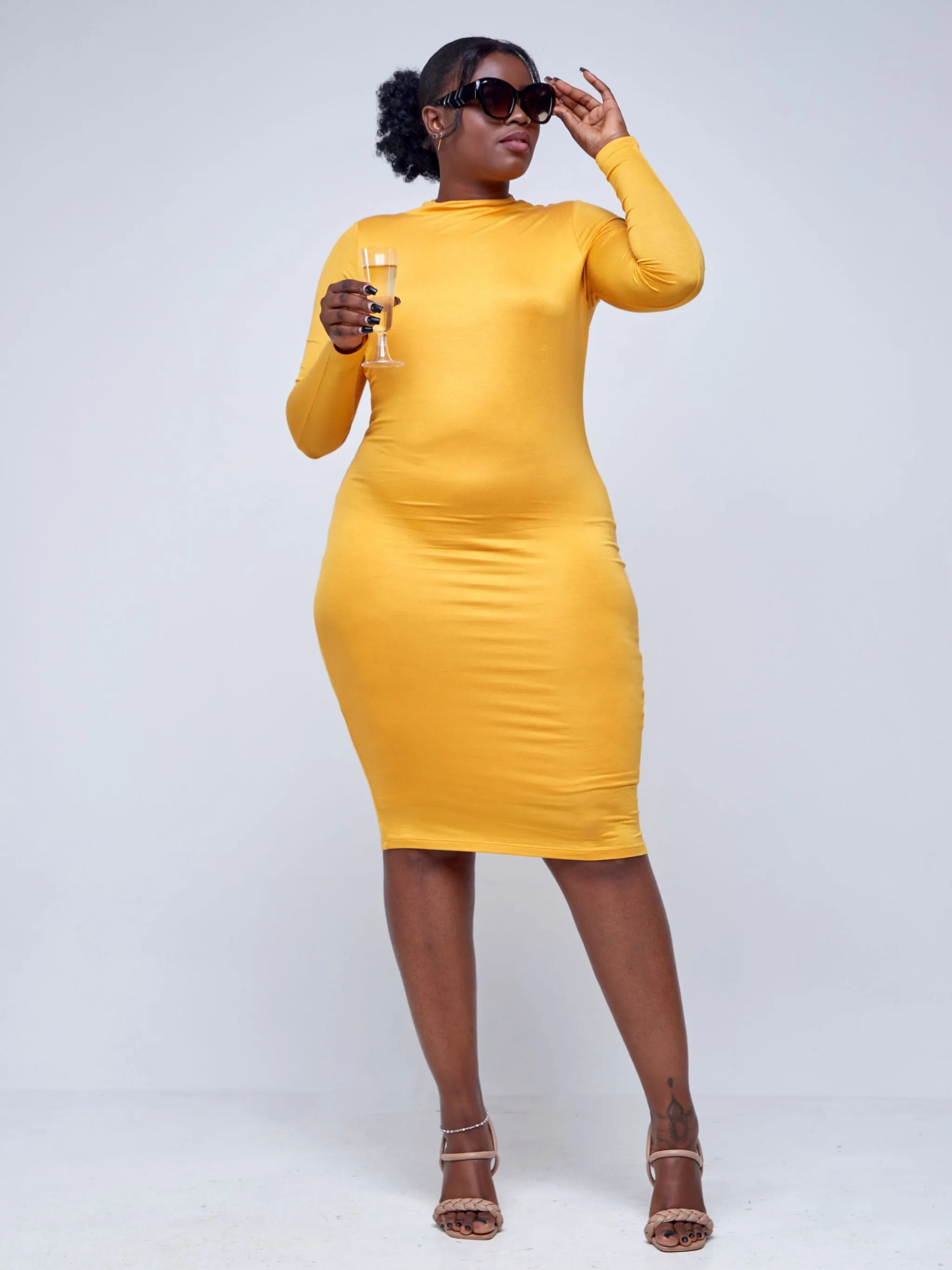 Popular 21 Long Sleeve Crew Neck Dress - Mustard