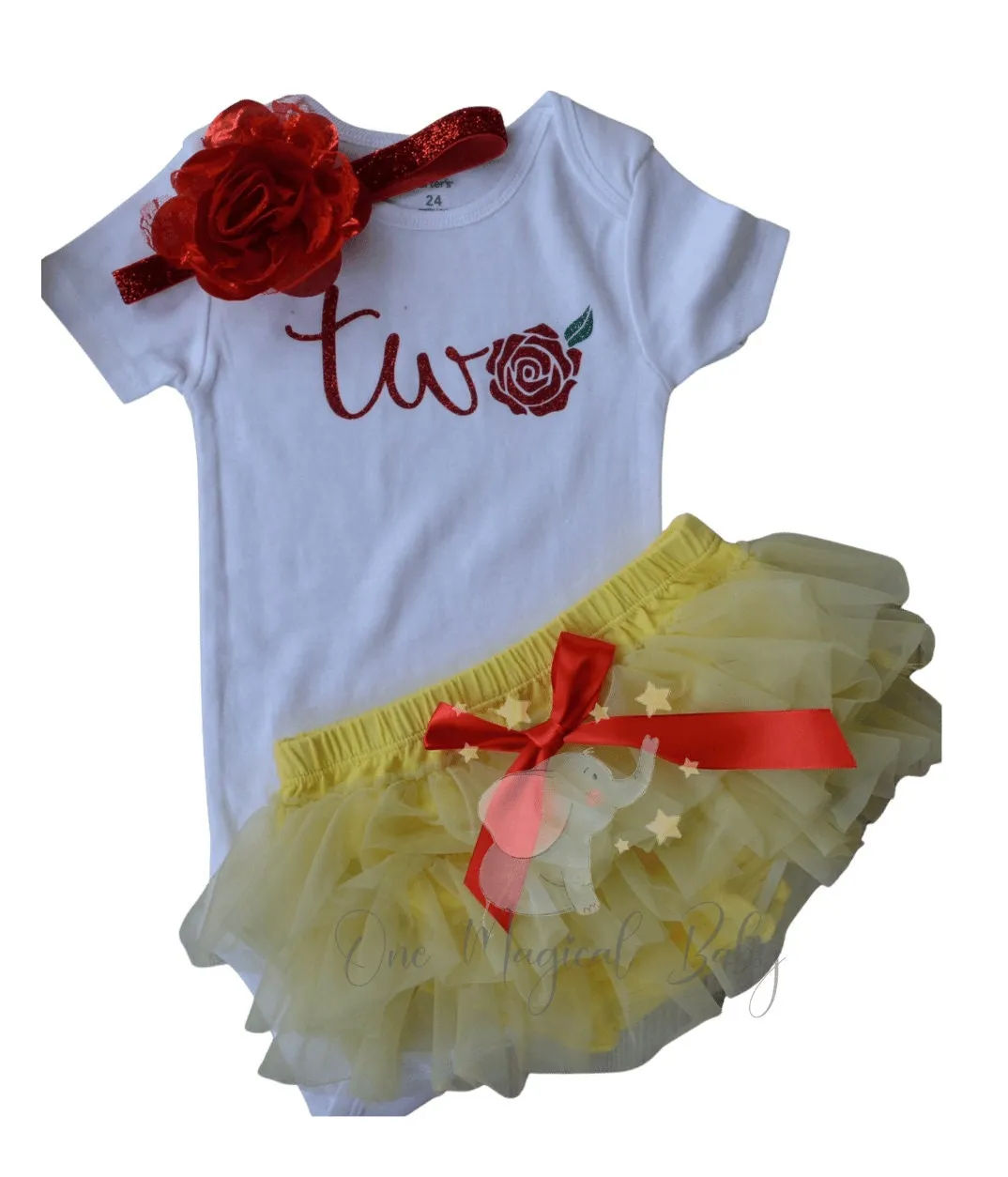 Princess Belle inspired Two year baby girls outfit, Red Flower glitter bodysuit baby first birthday photoshoot one year old