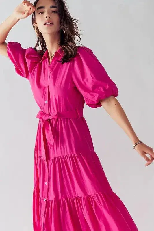 Puff Sleeve Tiered Dress in Fuchsia