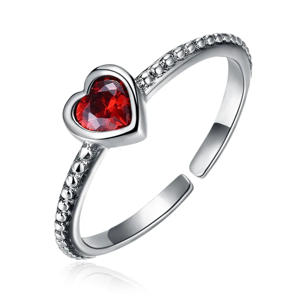 Red Cubic Zirconia Heart 925 Sterling Silver Vintage Style Punk Ring