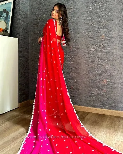 Red Pure Georgette Bandhani Printed Saree