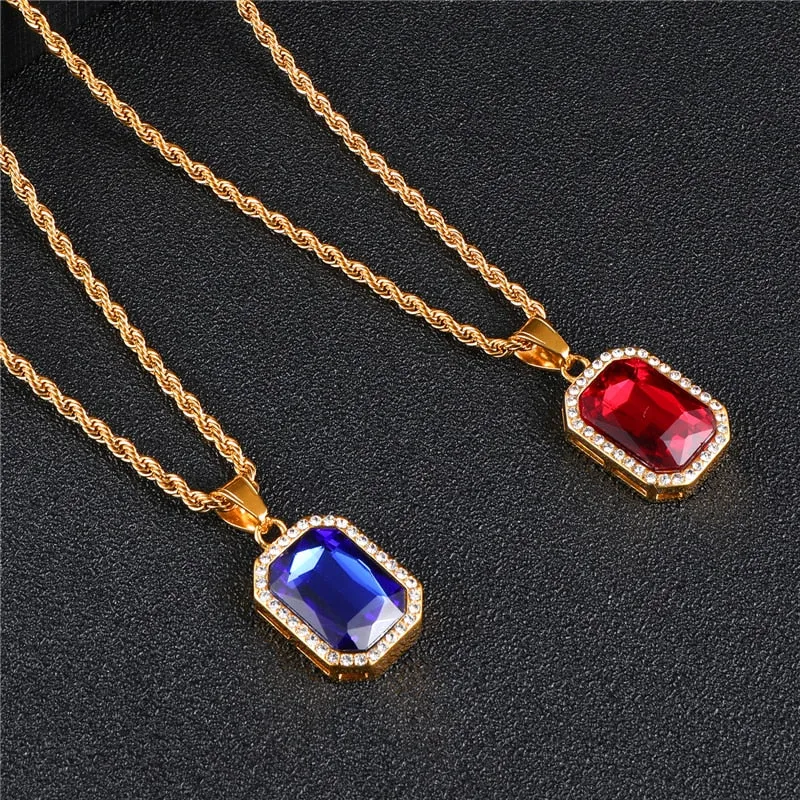 Rhinestone and Crystal Square Gold-Plated Stainless Steel Hip-hop Pendant Necklace