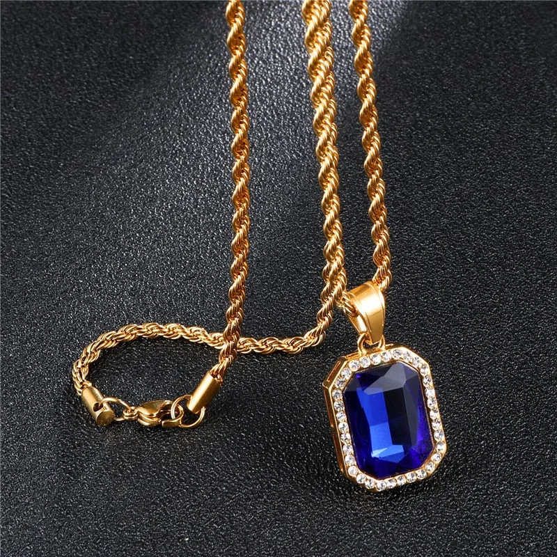 Rhinestone and Crystal Square Gold-Plated Stainless Steel Hip-hop Pendant Necklace