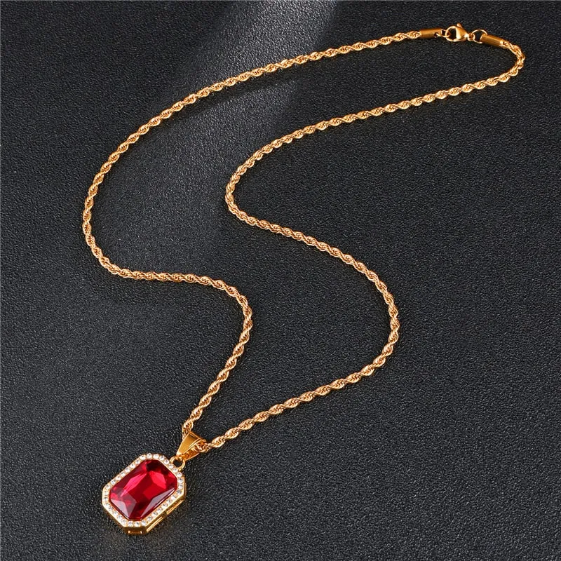 Rhinestone and Crystal Square Gold-Plated Stainless Steel Hip-hop Pendant Necklace