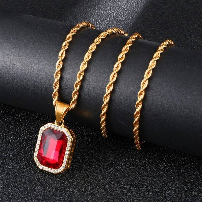 Rhinestone and Crystal Square Gold-Plated Stainless Steel Hip-hop Pendant Necklace