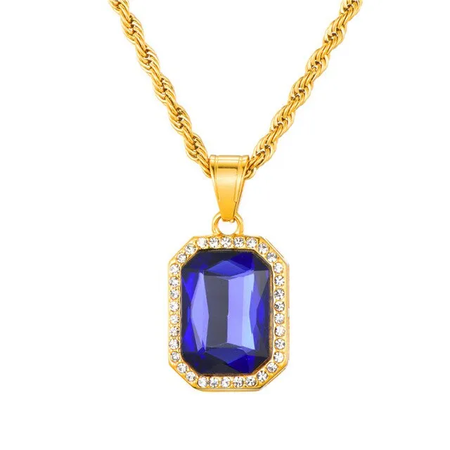 Rhinestone and Crystal Square Gold-Plated Stainless Steel Hip-hop Pendant Necklace