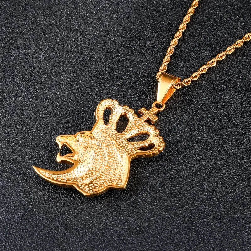 Rhinestone-Studded Gold-Plated Lion King Crown Bling 316L Stainless Steel Hip-hop Pendant Necklace