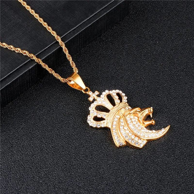 Rhinestone-Studded Gold-Plated Lion King Crown Bling 316L Stainless Steel Hip-hop Pendant Necklace